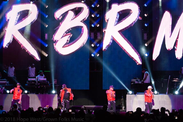 Bobby Brown, Ricky Bell, Mike Bivins and Ronnie Devoe from group RBRM performing at State Bank Amphitheatre Chastain Park in Atlanta